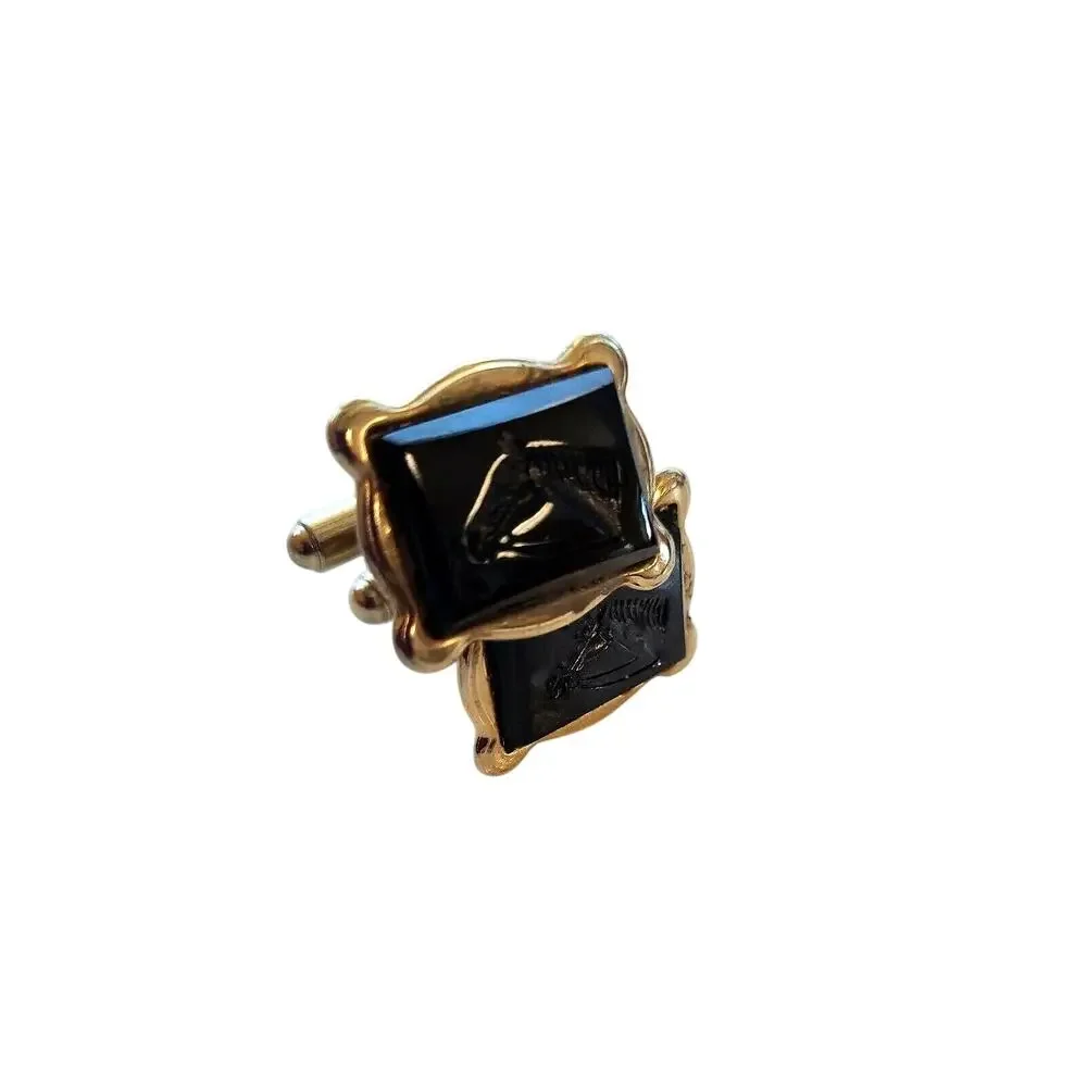 Vintage Cufflinks Equestrian Theme Horse Heads Carved In Black Stone Cuff Links